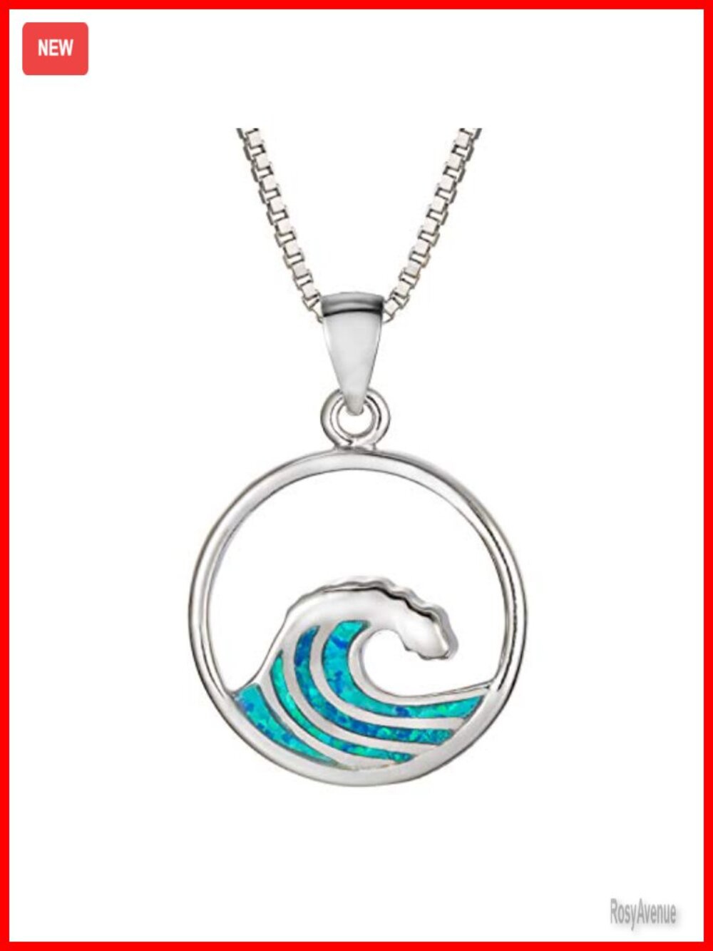 925 Sterling Silver Created Blue Opal Wave Necklace Pendant with 18" Box Chain